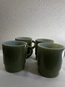Green Fire King Anchor Hocking Mugs Vintage Stacking Coffee Cups - Picture 1 of 6