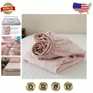 Soft Stone Washed Linen Fitted Sheet - Twin Size, 14" Deep Pocket, Solid Pink - Picture 1 of 10