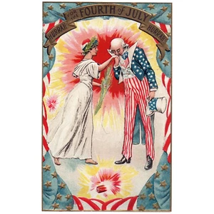 Für den 4. Juli Uncle Sam mit Lady Liberty & Feuerwerk Vintage Postkarte - Bild 1 von 2
