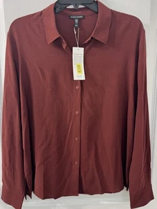Eileen Fisher Small Redwood Silk Georgette Crepe Classic Collar Shirt NWT $278 - Picture 1 of 13