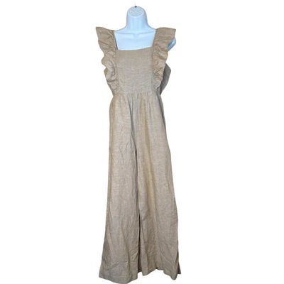 Madewell Linen Blend Ruffle Tie Back Wide Leg Jumpsuit Neutral Size 4 Neutral - Image 1 of 4