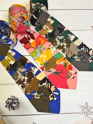 批量 3 件 Michel Jordi 日内瓦奶牛印花丝绸领带 — 第 1/4 张图片