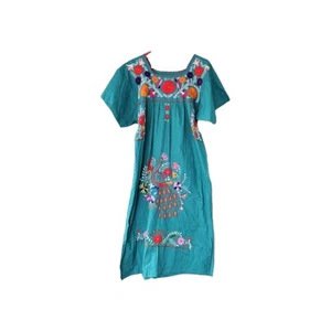 Mexican Hand Embroidered Floral Peacock Peasant Sun Dress M Colorful Handmade - Picture 1 of 17