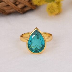 Aquamarine Quartz Pear Cut Gemstone Ring 18k Gold Plated Engagement Ring Gift