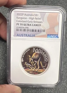 2022-P NGC PF70 AUSTRALIA - 1 oz Kangaroo HIGH RELIEF Colorized Silver Dollar $1 - Picture 1 of 2