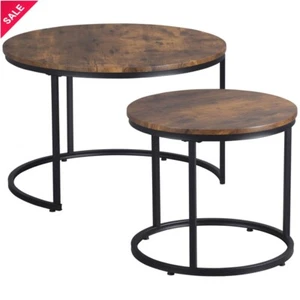 Top Round Coffee Table Stacking Tables Sofa Table Set of 2 w / Metal Frame Black - Picture 1 of 6