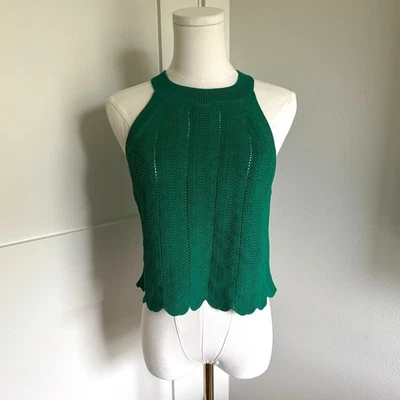 Y2K Bebe Pointelle Sweater Knit Halter Top | Kelly Green Scallop Hem | Medium - Image 1 of 4