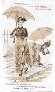 TAUNTON, MASS. TRADE CARD, COLCHESTER RUBBER CO, LADY SPYING ON OTHER LADY - Picture 1 of 2