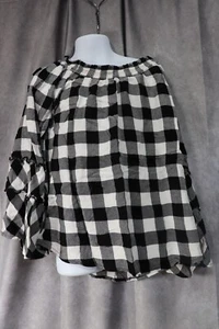 Justice Girls Black And White Plaid Long Sleeve Shirt Elastic Top Size 12 - Picture 1 of 4