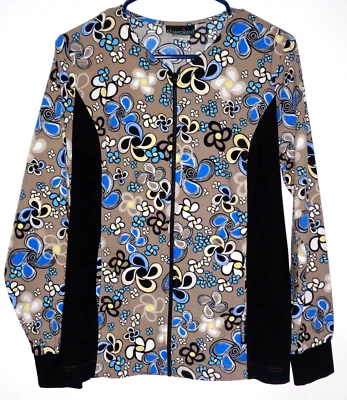 Women's Taupe W/Floral Design, Full Zip Long Sleeve Lab Coat by Cherokee-Size XS - Image 1 of 4