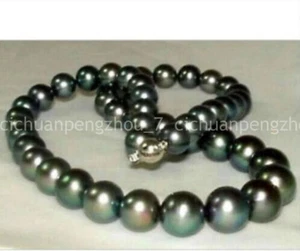 Natural 10-11mm Round Tahitian Peacock Black Pearl Necklace 18'' - Picture 1 of 3
