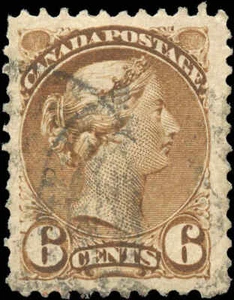 Canada 6 cent Scott #39b 11.5x12 Used Fine-Very Fine 1872 Small Queen Stamp - Imagen 1 de 2