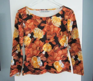 Vintage 80s FAIRE LA BISE Perfume Print Stretch knit Oval Neckline Fitted Top S - Picture 1 of 6