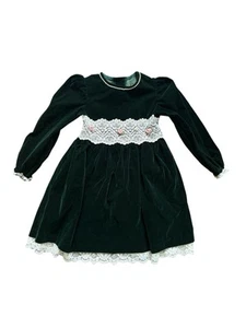 Vintage Girl's 5 Green Velour Velvet Lace Floral Prairie Cottage Core Dress USA - Picture 1 of 9