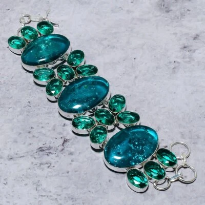 Pulseira de prata esterlina 925 âmbar azul báltico, pedra preciosa peridoto 8" O442 - Imagem 1 de 4