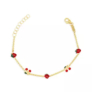 Bracciale oro massiccio 14 kt smalto ciliegia frutta fragola bambina bambino bambino regolazione 5" - Foto 1 di 3