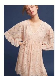 Akemi + Kim Anthropologie Brooke Eyelet Midi Swing Dress Pink S 2 W/ Slip Dress - Picture 1 of 21