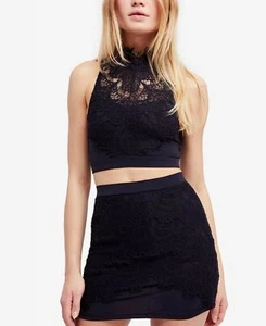 Damen Gr. L Free People schwarz ausgefranste Spitze bauchfreies Oberteil Rock 2-teiliges Set 819er-bb17 - Bild 1 von 2