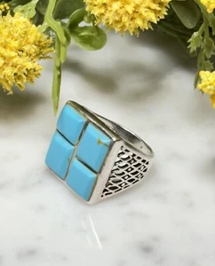 CFJ Sterling Silver 925 Turquoise Panel Ring Size 6.5 Geometric Open Work Sides - Picture 1 of 17