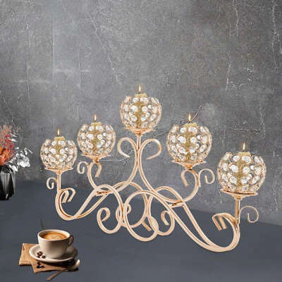 Candelabro 5 Brazos Cristal Dorado Candelabro Boda Mesa Decoración Centro de Mesa EE. UU. Foto 1 de 4
