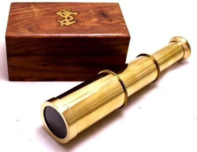 Spyglass Vintage Antique Maritime Nautical Gift 6" Telescope Box Wooden Brass - Image 1 of 3