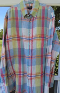 Paul Shark Yachting Mens Pure Linen Colorful Plaids Italian Casual Shirt Large - Picture 1 of 15