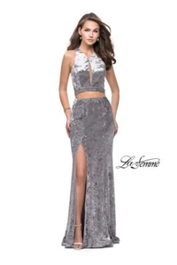 La Femme 25500 Silver Velvet Crop Top Gala Gown Dress NWT sz 2 - Picture 1 of 4