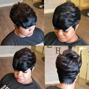 Women Fahion Short Pixie Cut Wig Full Wig Wavy Hair Natural Black Boycut Fiber