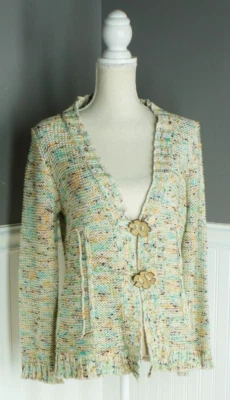Cárdigan de confeti BCBG MAXAZRIA para mujer M tejido tostado boho hadas madera grande🌸botones  Foto 1 de 4