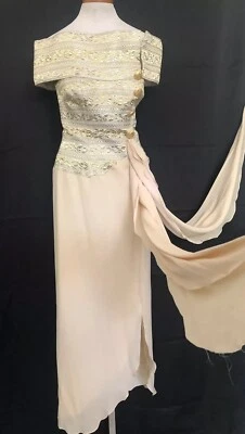 Vestido de fiesta vintage años 80 Paul Louis Orrier Paris seda metálico brocado dorado desnudo Foto 1 de 4