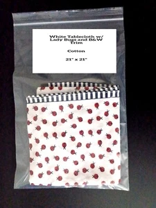 White Tablecloth w/Lady Bugs and B&W Trim - Cotton - 21" x 21" - Picture 1 of 7