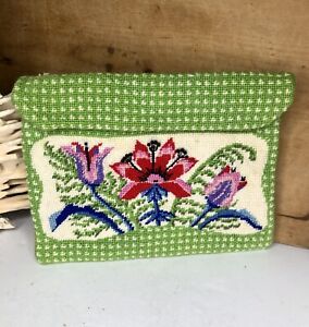 Vintage Mid Century Hand Sewn Needlepoint Handbag Clutch Large Colorful Floral