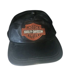 Harley Davidson Black Leather Adjustable Baseball Hat Vintage - Picture 1 of 7