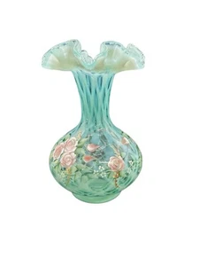 1996 FENTON Opaline Blush Rose Glass Vase Artist Signed by L. Emerson Ltd #419 - Picture 1 of 8