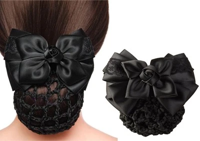 Women Bowknot Snood Net Barrette Hair Clip Bun Cover Hairnet Satin Bow Barret... - Image 1 of 4