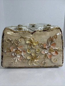 Vintage Atlas White Wicker Handbag Purse w/ Seashells Lucite Pearlescent Handles - Picture 1 of 17
