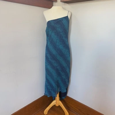 Vestido sin Mangas Y2K EXPRESS Asimétrico Seda Talla 11/12 Verde Azulado Estampado Serpiente Corte Sesgado Foto 1 de 4
