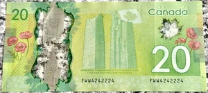 Canada $20 Dollar Banknote Binary Serial Number FWW4242224 Four 2s Three 4s 2012 - Picture 1 of 2
