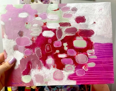 Emilia Bachelier Colorful Abstract Painting 9x12” Original on Paper - Image 1 of 4