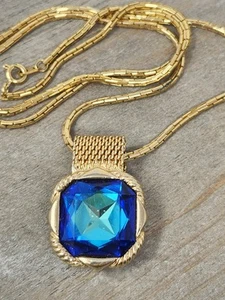 Blue Rhinestone Cufflink Pendant on Gold Tone Chain Necklace 23 Inches Vintage - Picture 1 of 14