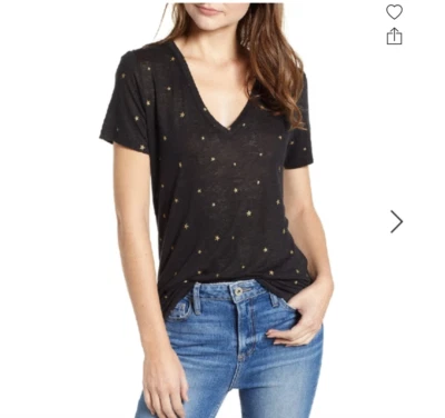 RAILS "Cara" Metallic Gold Foil Star Print Linen Blend V-Neck Top Tee Black XS - Image 1 of 4