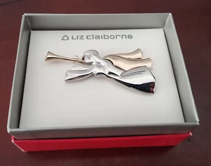 New Liz Claiborne Holiday Winged Angel Horn Music Brooch Pin Silver Gold Tone - Picture 1 of 17