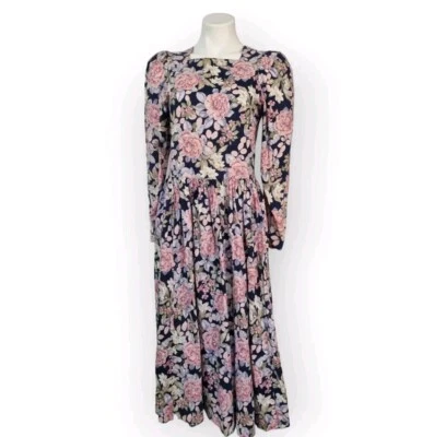 Antiga Laura Ashley Cottage Core Boho Floral Manga Folhada Sobremesa Bolso Midi Tamanho 8 P M - Imagem 1 de 4