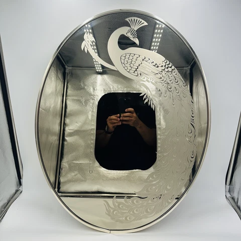 Vintage Windsor Art Gloria Ericksen Oval Wall Mirror Signed 21x27 Etched Peacock Cover