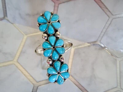 T PHILIPPINES Sterling Silver 925 FLOWER CLUSTER Blue TURQUOISE RING SZ 9.5 1.5" - Image 1 of 4