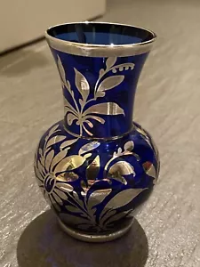 Souvenir Italian Art Blue Glass Floral Silver Overlay Bud Vase 10cm - Picture 1 of 6