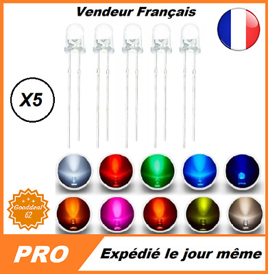 5 X Diode LED / DEL 3MM TENSION 2V / 3V Jaune Bleu Blanc Orange Rose Vert UV • 3.64€