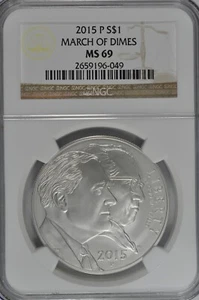 2015 P March of Dimes Uncirculated Silver Dollar NGC MS69 Brown Label - Picture 1 of 2