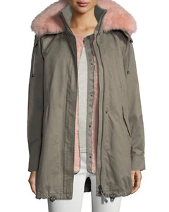 NEU MIT ETIKETT $ 610 🔥DEREK LAM UTILITY JACKE GRÜNER PARKA MIT ECHTEM ROSA FUCHSFELL - Bild 1 von 5
