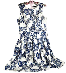 Tommy Hilfiger Women Sz 10 Blue Paisley Pleated Dress Old Money Preppy Spring - Picture 1 of 12
